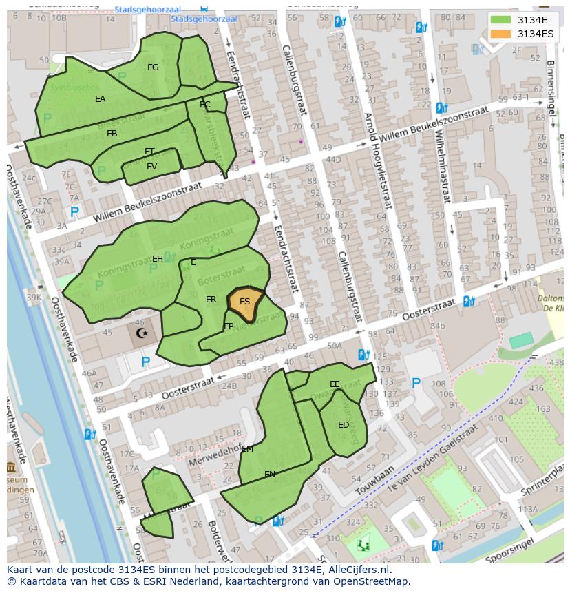 Afbeelding van het postcodegebied 3134 ES op de kaart.