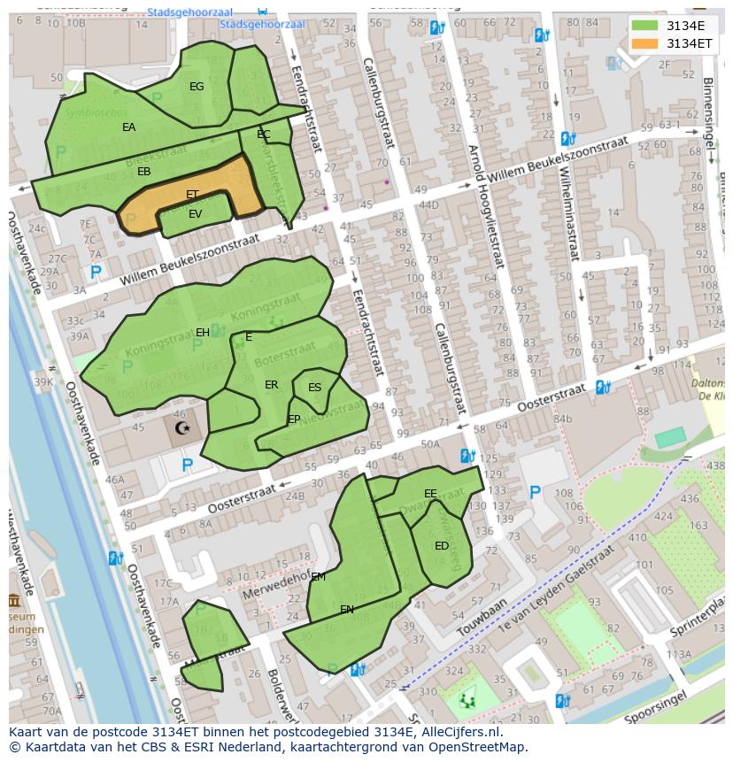 Afbeelding van het postcodegebied 3134 ET op de kaart.