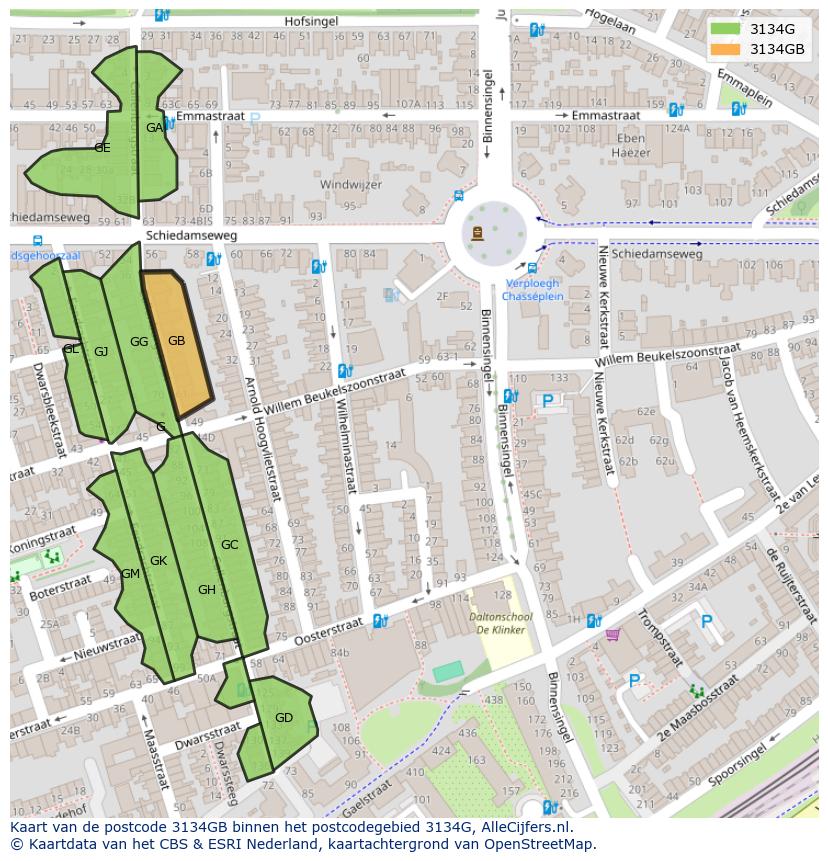 Afbeelding van het postcodegebied 3134 GB op de kaart.