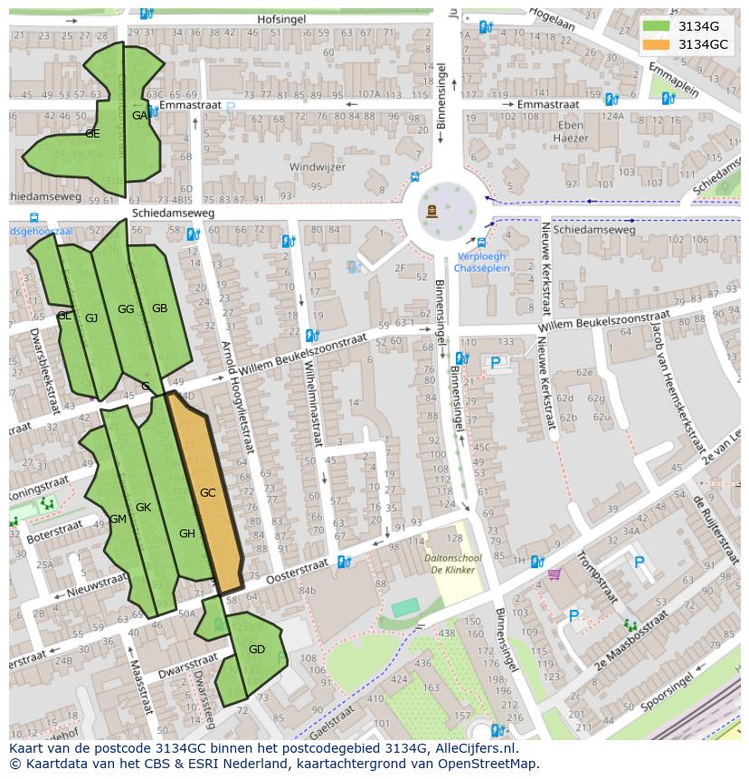 Afbeelding van het postcodegebied 3134 GC op de kaart.