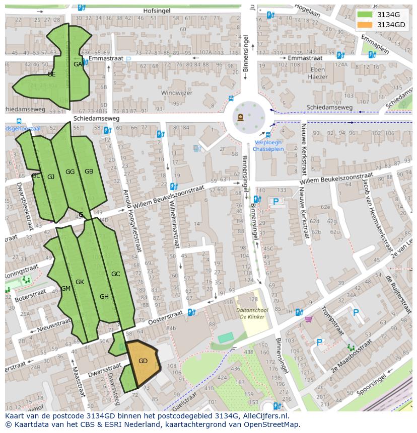 Afbeelding van het postcodegebied 3134 GD op de kaart.