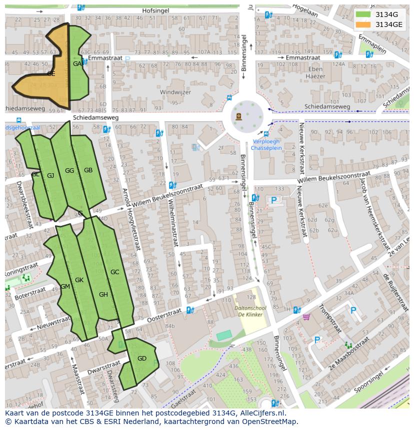 Afbeelding van het postcodegebied 3134 GE op de kaart.