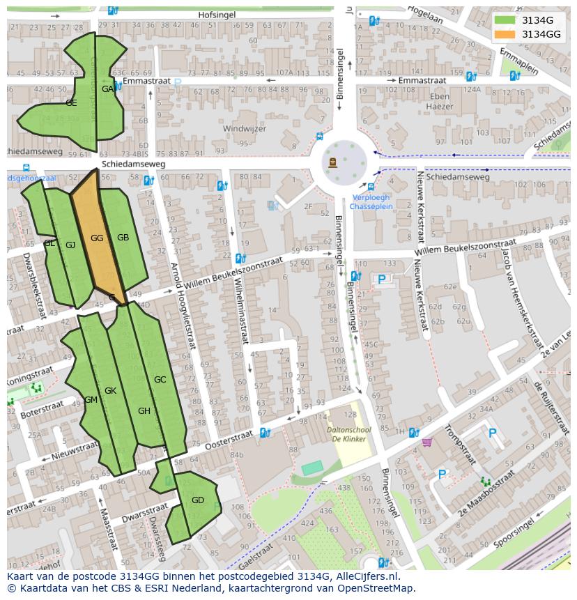 Afbeelding van het postcodegebied 3134 GG op de kaart.