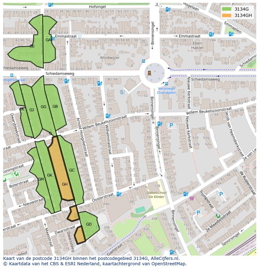 Afbeelding van het postcodegebied 3134 GH op de kaart.
