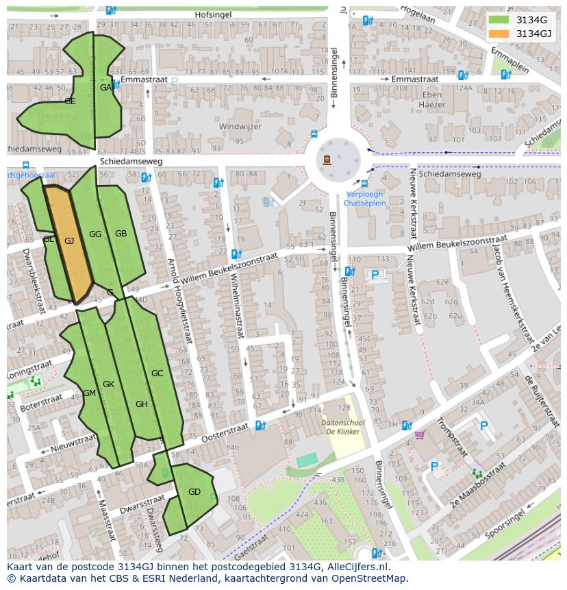 Afbeelding van het postcodegebied 3134 GJ op de kaart.