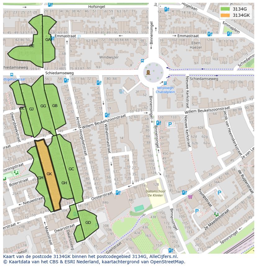 Afbeelding van het postcodegebied 3134 GK op de kaart.