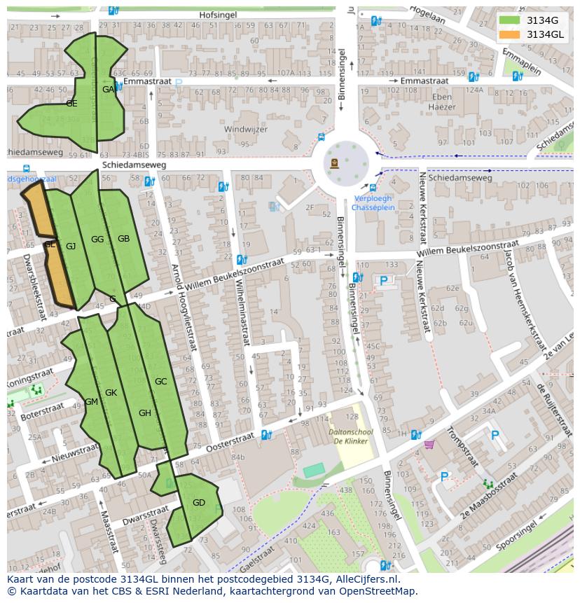 Afbeelding van het postcodegebied 3134 GL op de kaart.