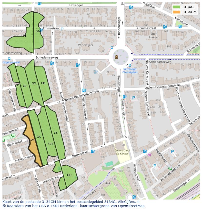 Afbeelding van het postcodegebied 3134 GM op de kaart.
