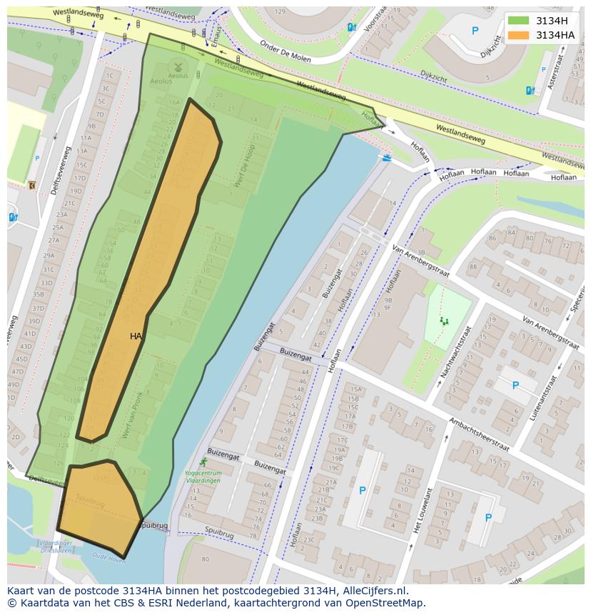Afbeelding van het postcodegebied 3134 HA op de kaart.