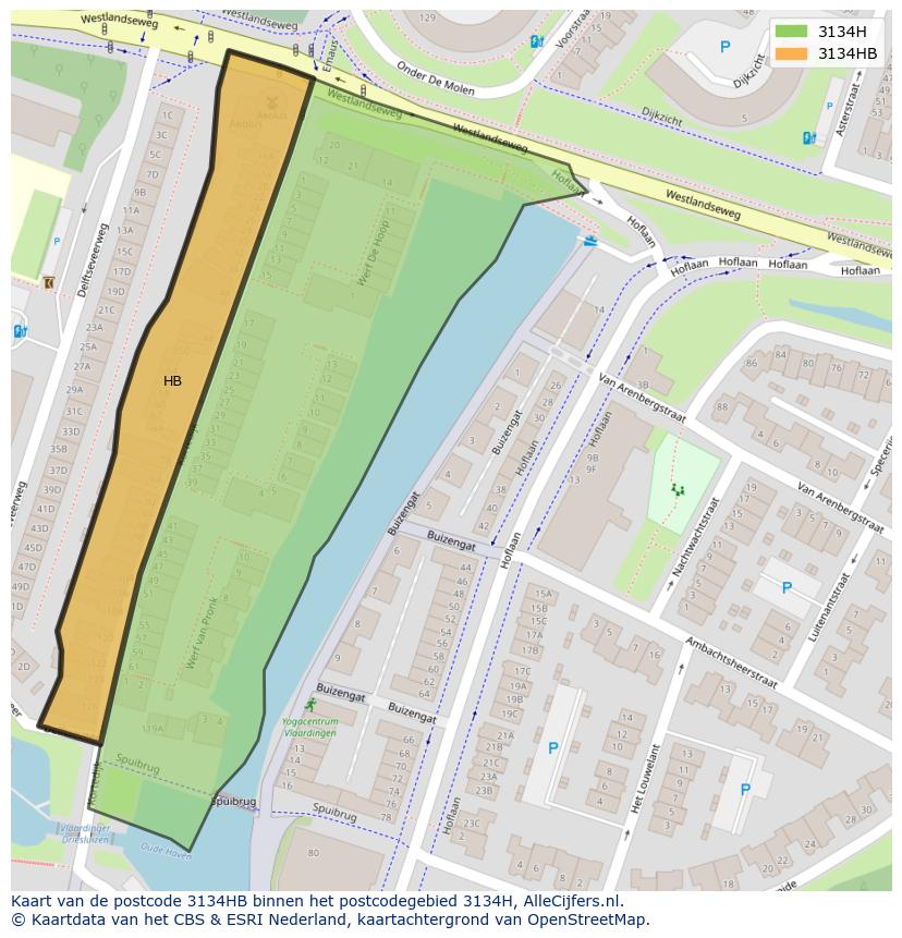 Afbeelding van het postcodegebied 3134 HB op de kaart.
