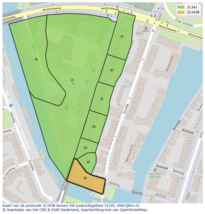 Afbeelding van het postcodegebied 3134 JB op de kaart.