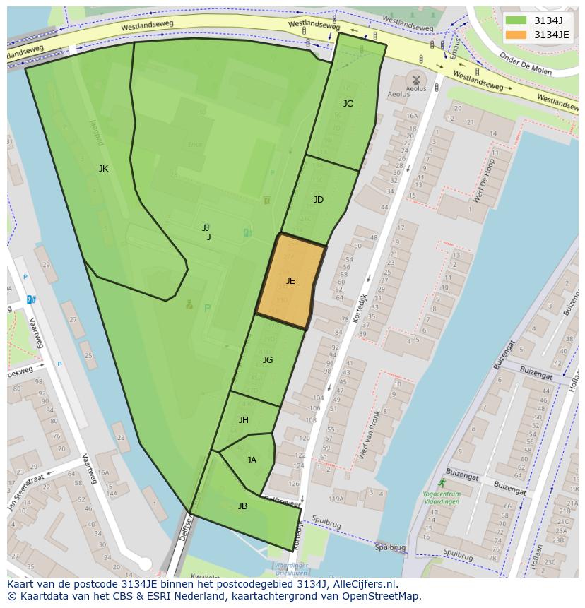 Afbeelding van het postcodegebied 3134 JE op de kaart.