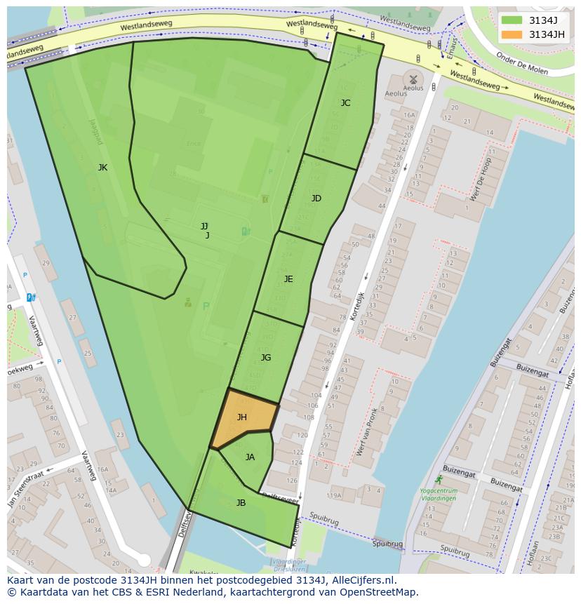 Afbeelding van het postcodegebied 3134 JH op de kaart.