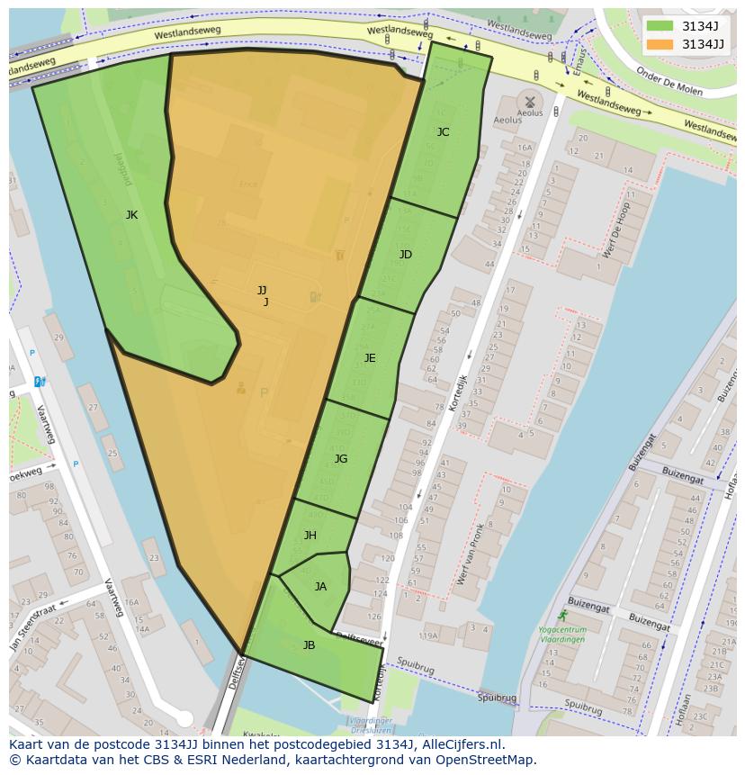 Afbeelding van het postcodegebied 3134 JJ op de kaart.