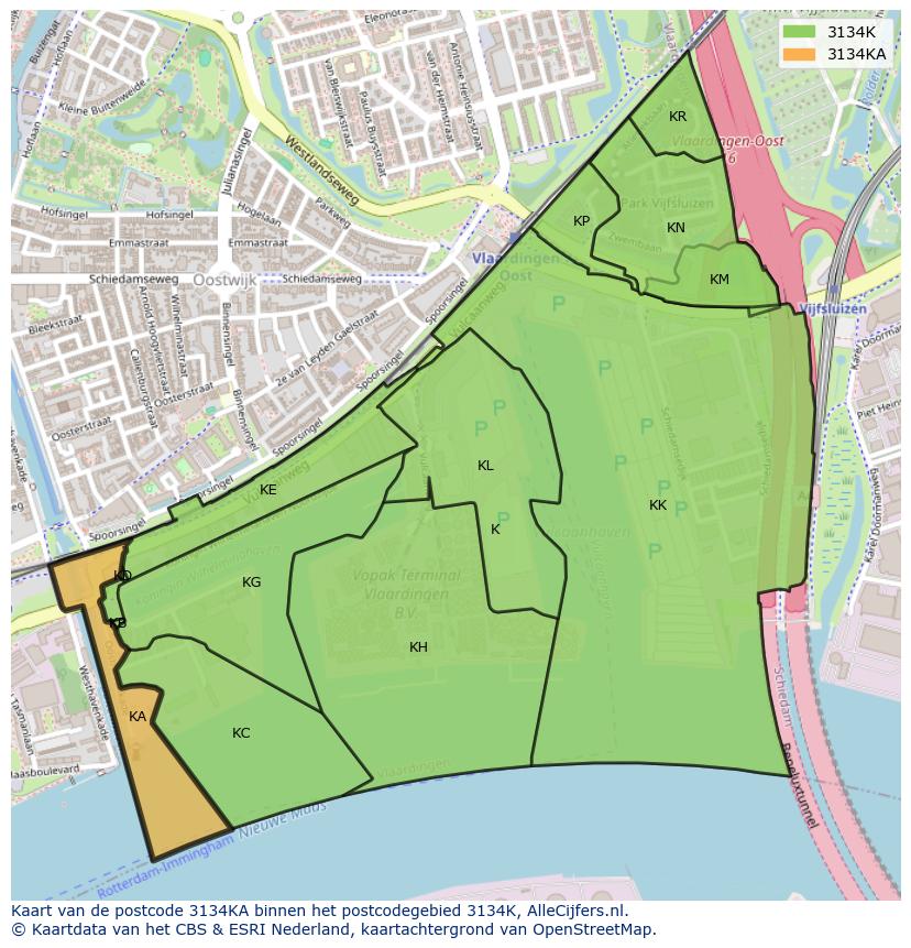 Afbeelding van het postcodegebied 3134 KA op de kaart.