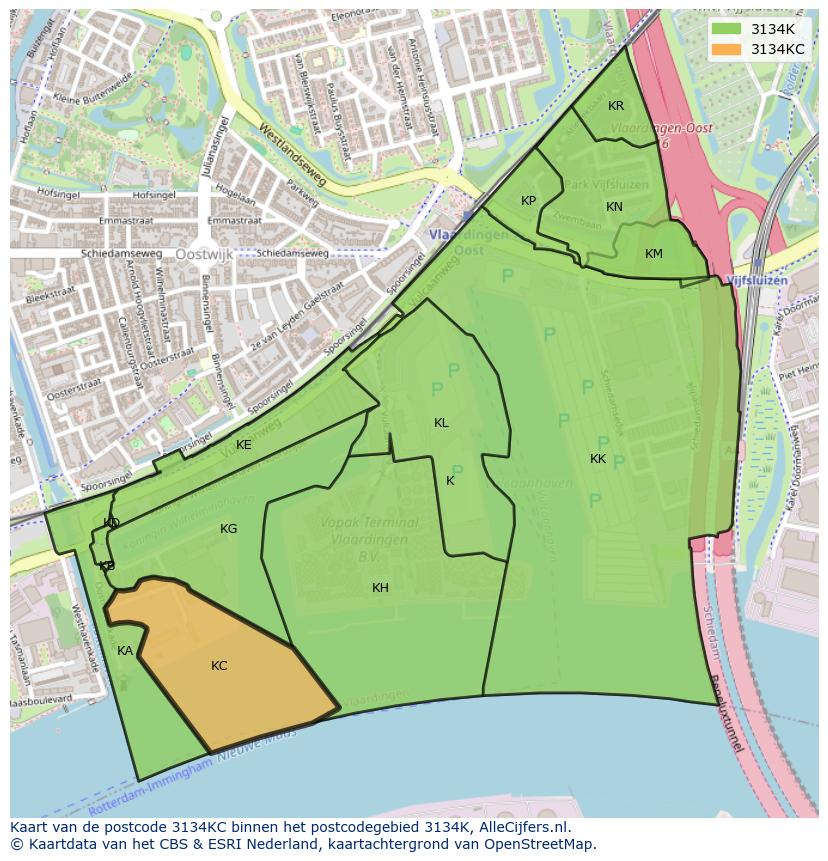 Afbeelding van het postcodegebied 3134 KC op de kaart.