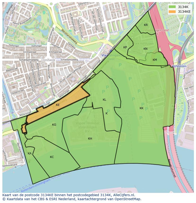 Afbeelding van het postcodegebied 3134 KE op de kaart.