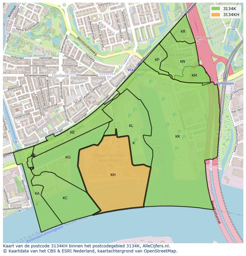 Afbeelding van het postcodegebied 3134 KH op de kaart.