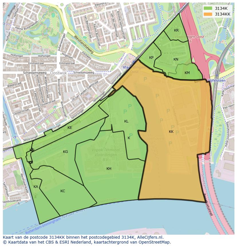 Afbeelding van het postcodegebied 3134 KK op de kaart.