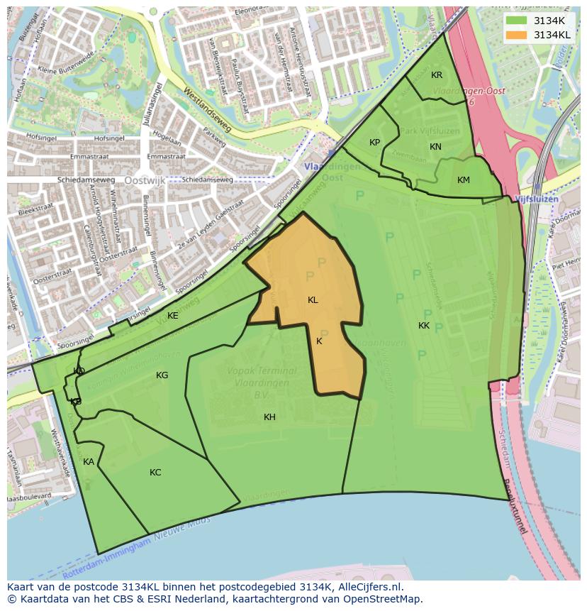 Afbeelding van het postcodegebied 3134 KL op de kaart.