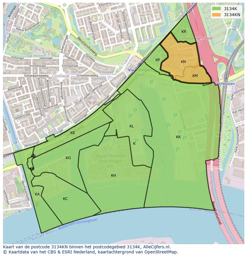 Afbeelding van het postcodegebied 3134 KN op de kaart.