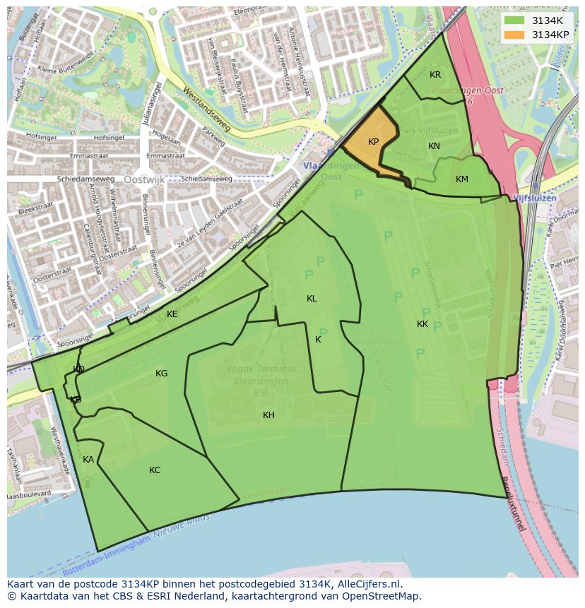 Afbeelding van het postcodegebied 3134 KP op de kaart.