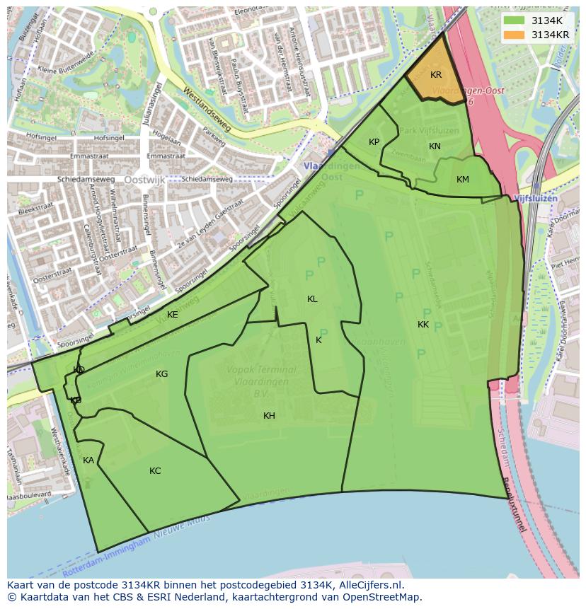 Afbeelding van het postcodegebied 3134 KR op de kaart.