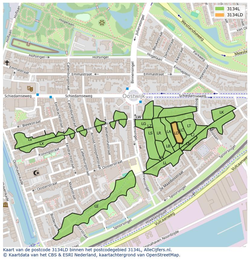 Afbeelding van het postcodegebied 3134 LD op de kaart.