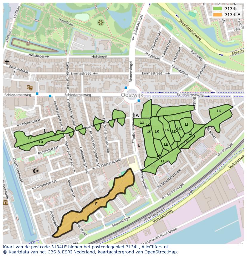 Afbeelding van het postcodegebied 3134 LE op de kaart.