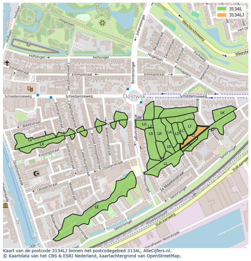 Afbeelding van het postcodegebied 3134 LJ op de kaart.