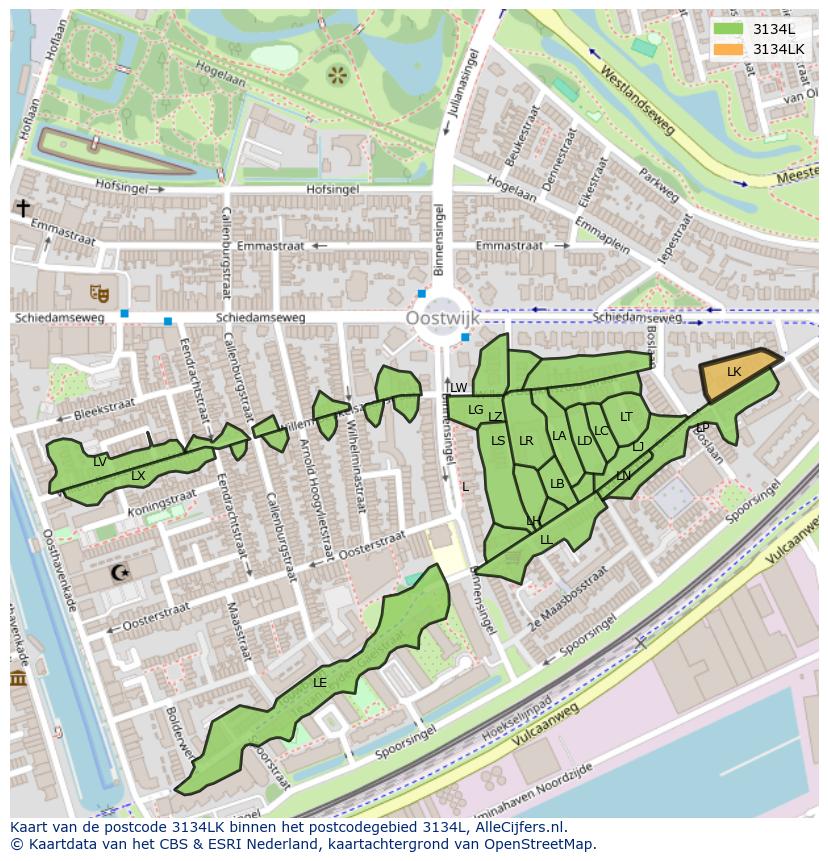 Afbeelding van het postcodegebied 3134 LK op de kaart.