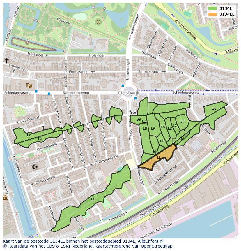 Afbeelding van het postcodegebied 3134 LL op de kaart.