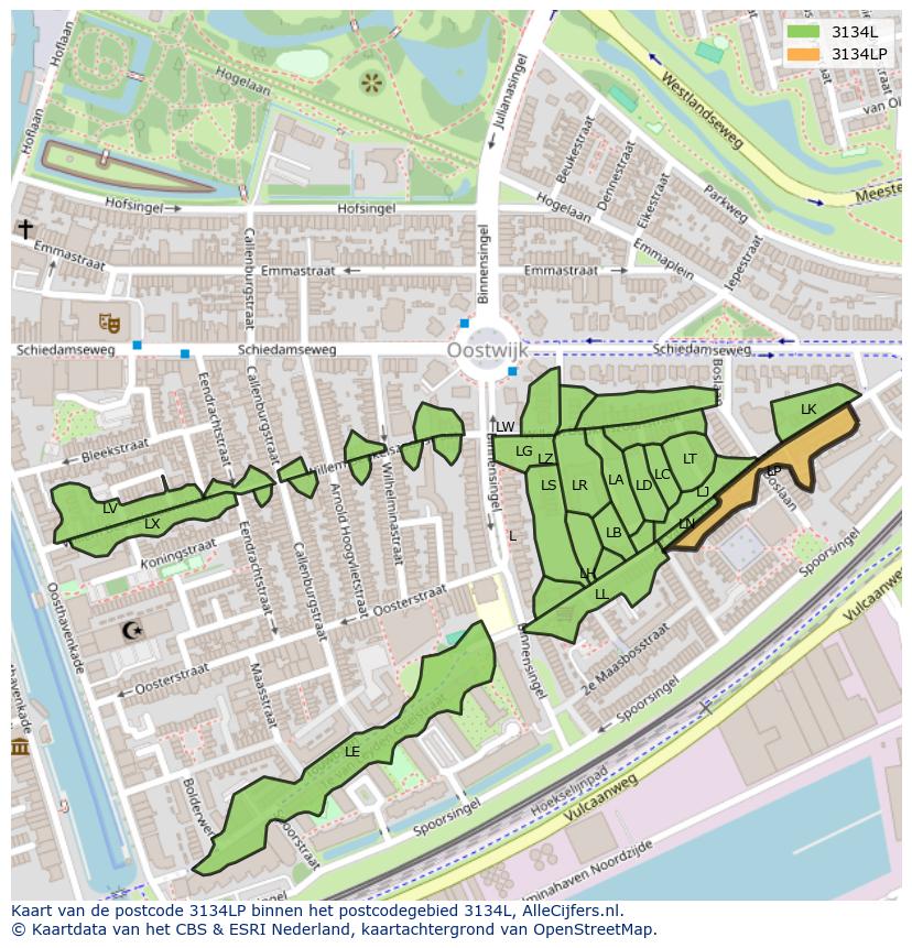 Afbeelding van het postcodegebied 3134 LP op de kaart.
