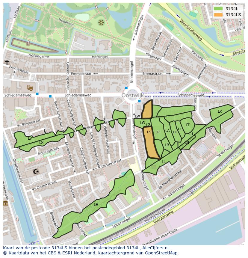 Afbeelding van het postcodegebied 3134 LS op de kaart.