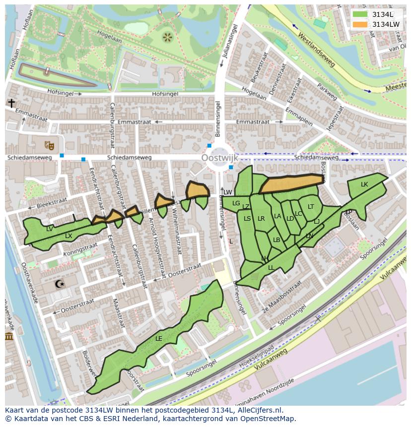 Afbeelding van het postcodegebied 3134 LW op de kaart.