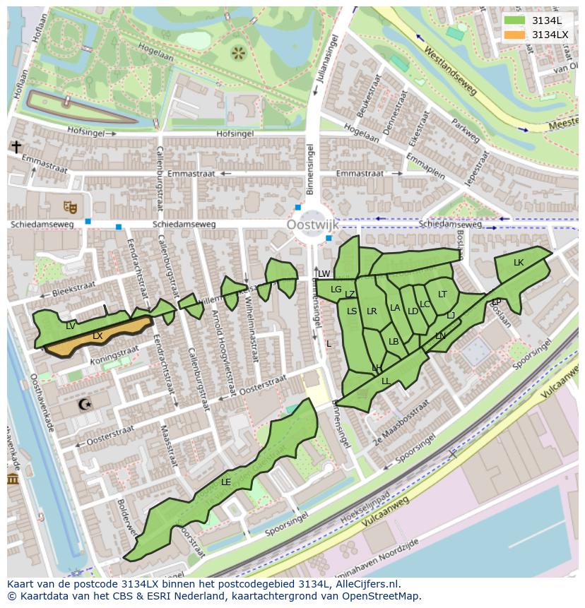 Afbeelding van het postcodegebied 3134 LX op de kaart.
