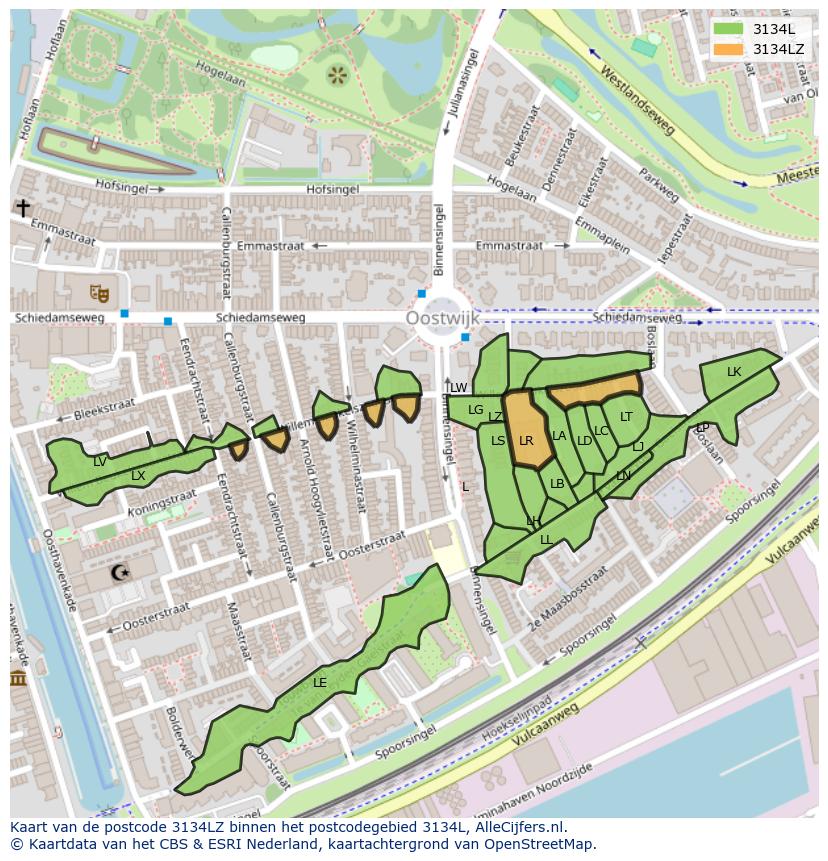 Afbeelding van het postcodegebied 3134 LZ op de kaart.