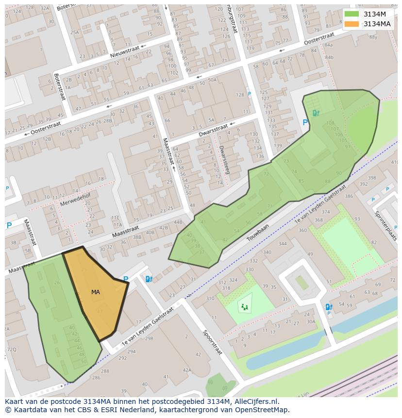Afbeelding van het postcodegebied 3134 MA op de kaart.