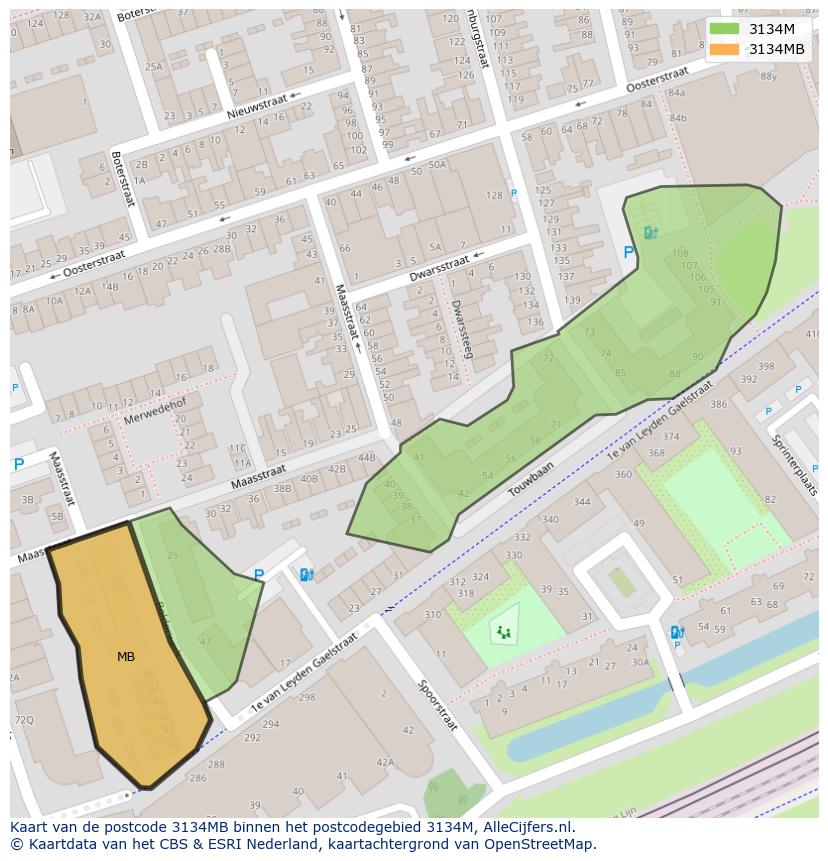Afbeelding van het postcodegebied 3134 MB op de kaart.