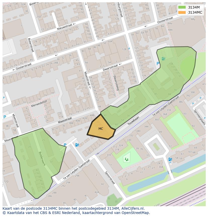 Afbeelding van het postcodegebied 3134 MC op de kaart.