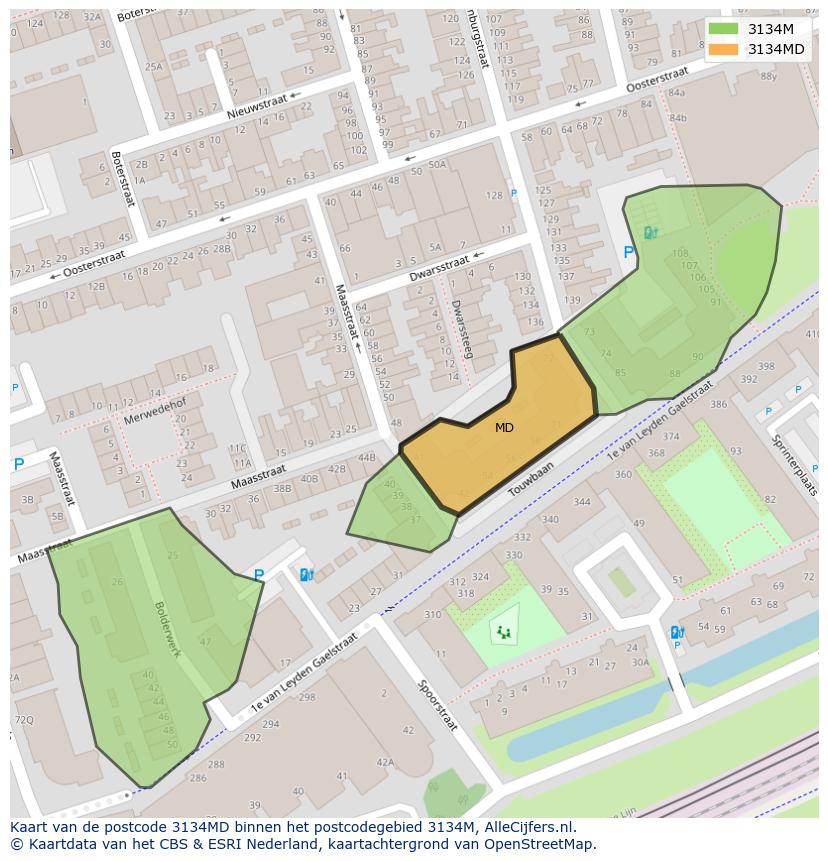 Afbeelding van het postcodegebied 3134 MD op de kaart.