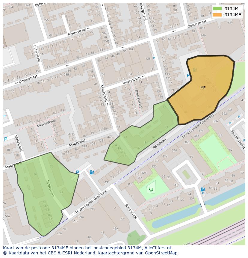 Afbeelding van het postcodegebied 3134 ME op de kaart.