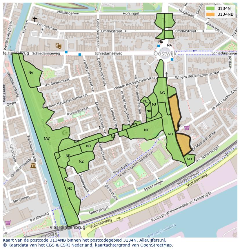 Afbeelding van het postcodegebied 3134 NB op de kaart.