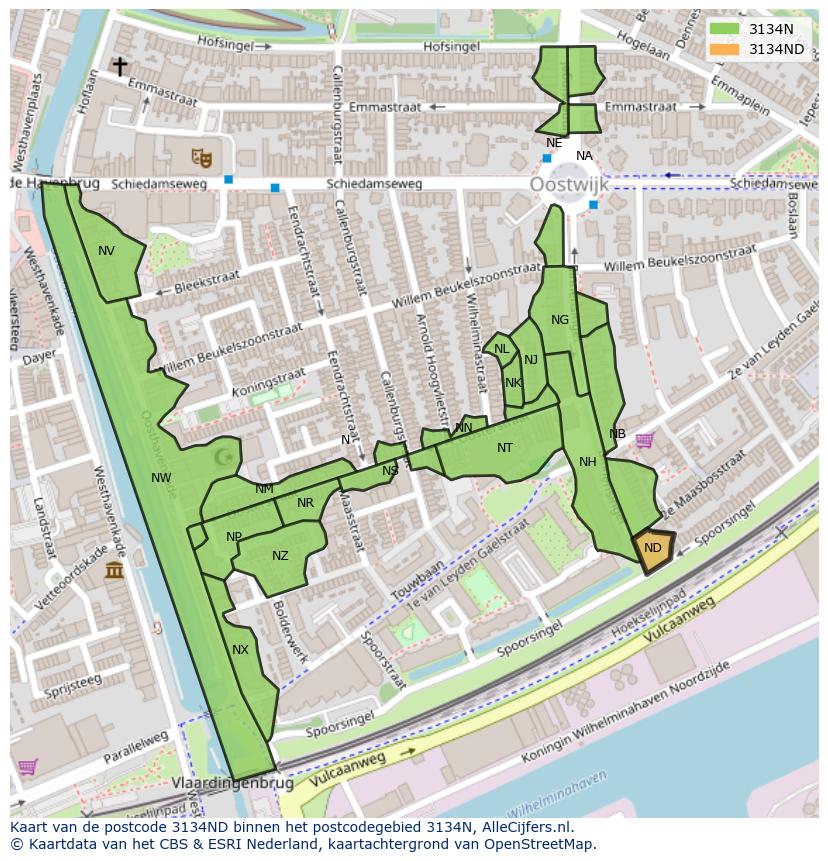 Afbeelding van het postcodegebied 3134 ND op de kaart.