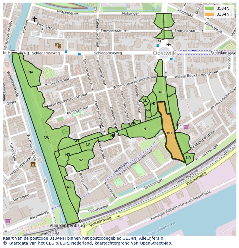 Afbeelding van het postcodegebied 3134 NH op de kaart.
