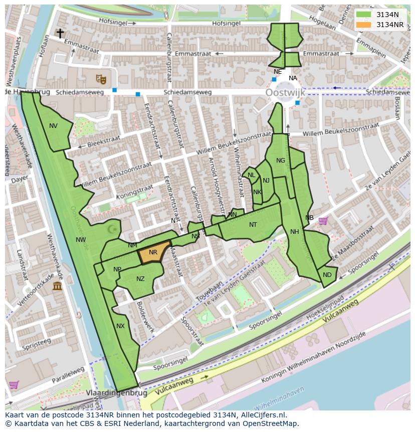 Afbeelding van het postcodegebied 3134 NR op de kaart.