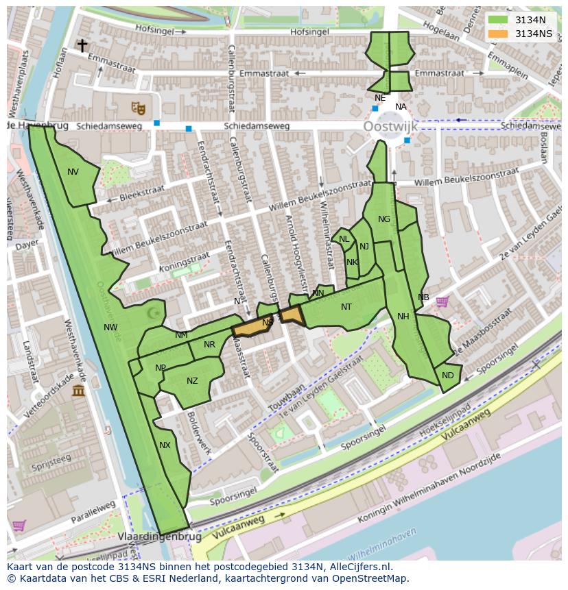 Afbeelding van het postcodegebied 3134 NS op de kaart.