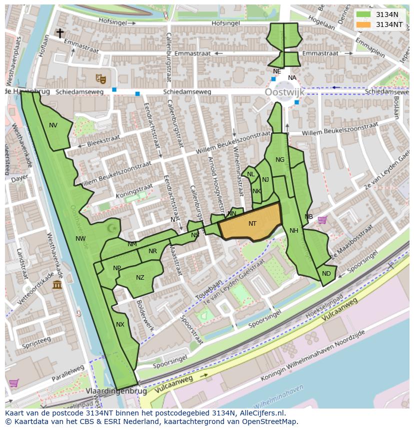 Afbeelding van het postcodegebied 3134 NT op de kaart.