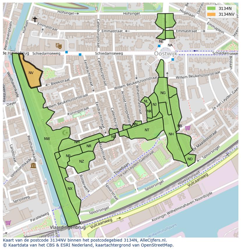 Afbeelding van het postcodegebied 3134 NV op de kaart.