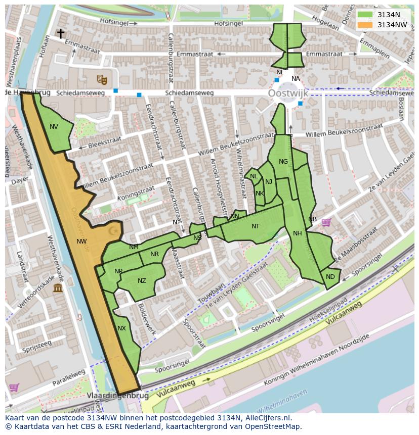 Afbeelding van het postcodegebied 3134 NW op de kaart.